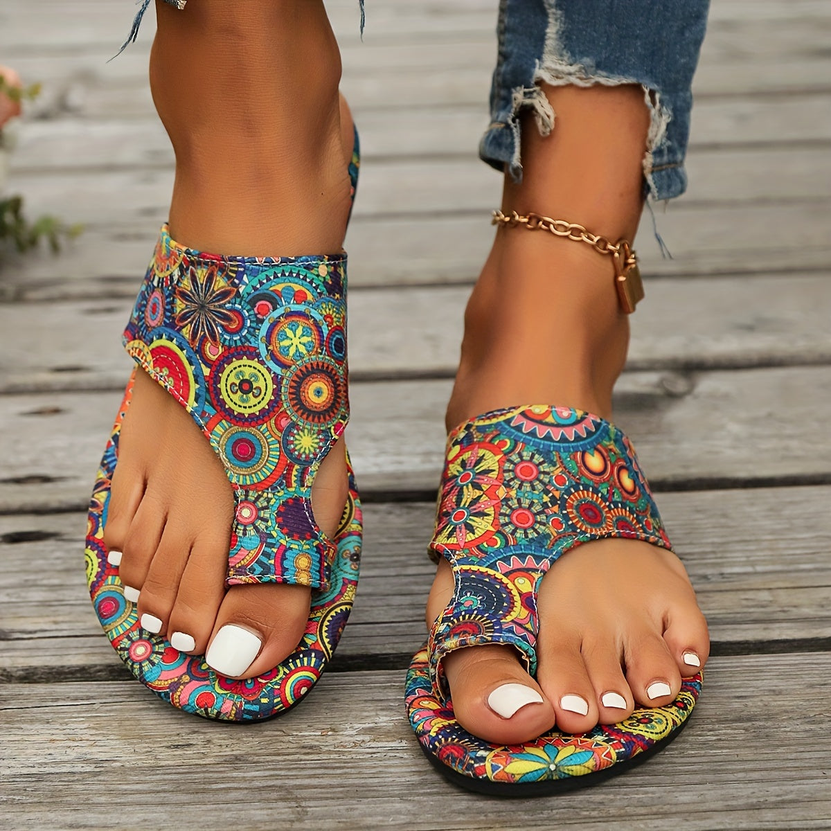 Vibrant Boho Chic Flat Sandals - Colorful Patterned, Summer Fashion, Slip-On, Casual, Open Toe, Beach Footwear with Soft Insole and Adjustable Ankle Strap for Women