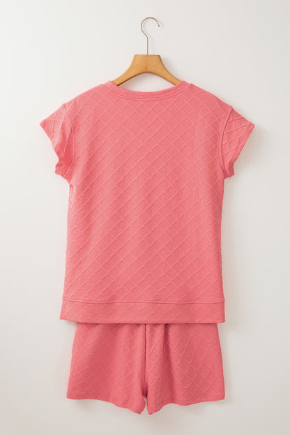 Pale Chestnut Checkered Textured Tee and Drawstring Shorts