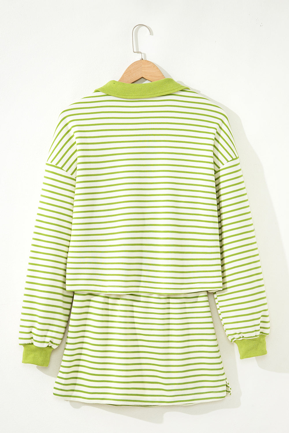 Green Stripe Collared V Neck Drop Shoulder Pullover and Skort 2pcs Outfit