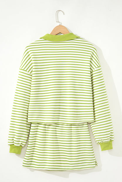 Green Stripe Collared V Neck Drop Shoulder Pullover and Skort 2pcs Outfit