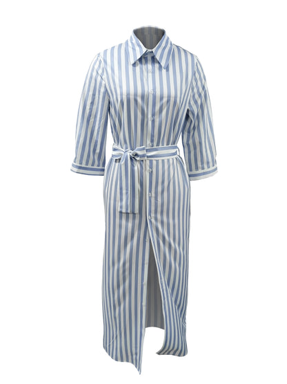 Striped Print 3/4 Sleeve Dress, Casual Button Front Maxi Dress, Women's Clothing