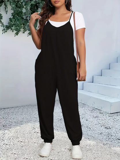 Plus Size Chic Cami Jumpsuit - Comfort-Fit with Tapered Leg, V-Neck Design, and Convenient Pockets - Versatile for Casual and Everyday Wear