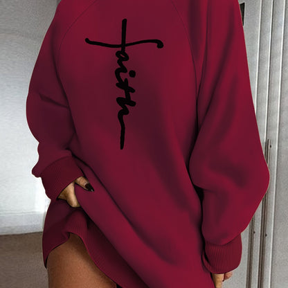 Faith Print Turtleneck Dress, Casual Loose Long Sleeve Dress, Women's Clothing