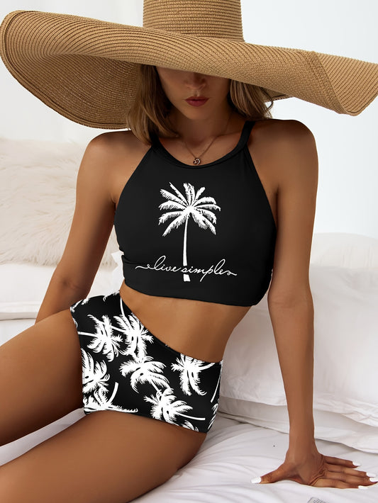 Chic Coconut Tree Print Bikini Set for Women - High Stretch, Comfort Fit Swimwear with High-Waist Bottoms