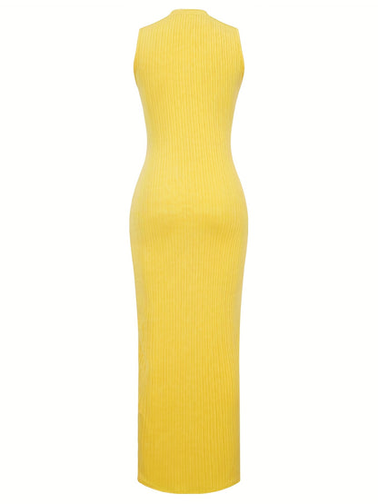 Women's Summer 2023 Fashion Casual Knit Sleeveless Crew Neck Bodycon Pencil Dress, Polyester 95% Spandex 5%, Solid Color Long Length Skinny Fit