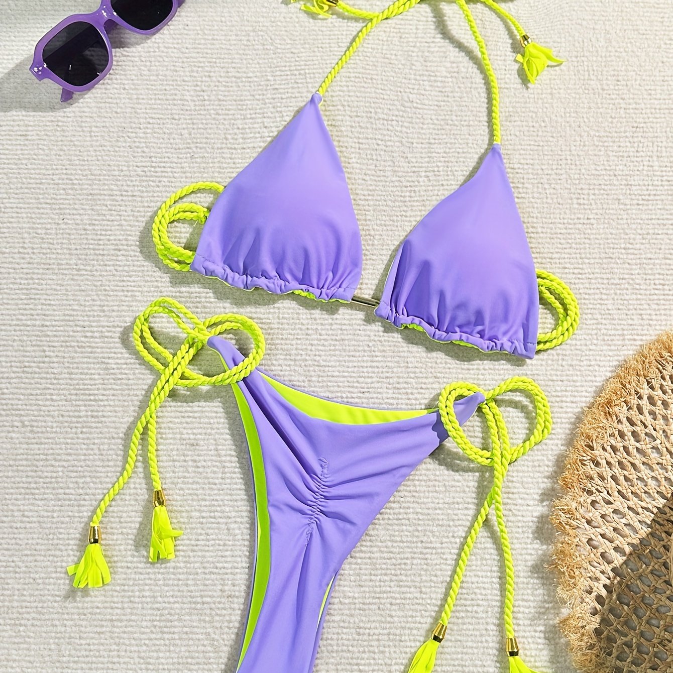 Triangle Halter Neck Bikini Sets, V Neck Tie Back Tie Side Backless High Cut Two Pieces Swimsuit, Women's Swimwear & Clothing Koningsdag/King's Day