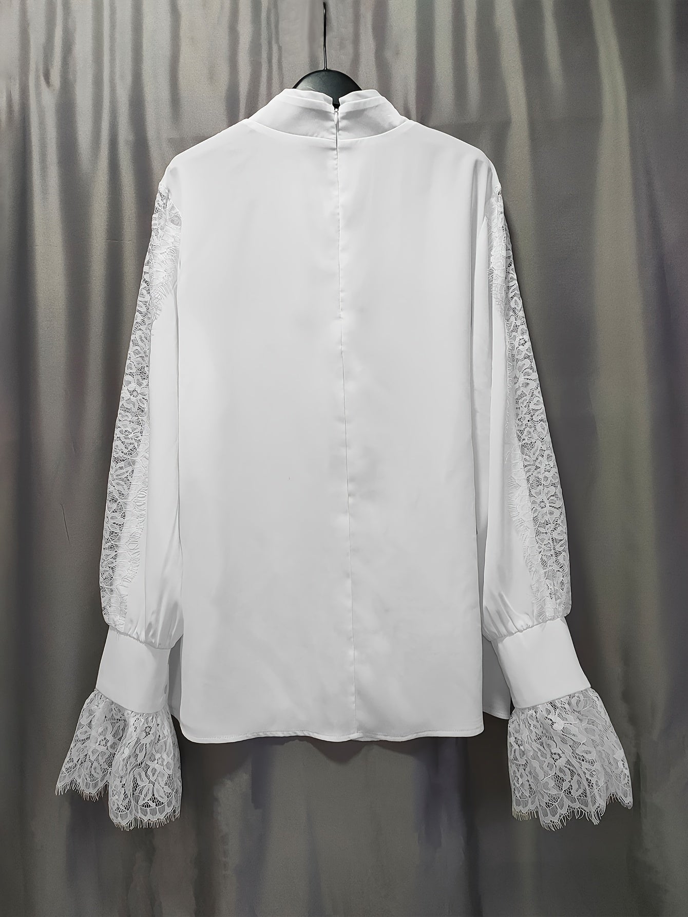 Stunning Lace Trim Blouse - Women's Elegant Long Bell Sleeve Tops for Spring & Fall - Chic Stand Collar Clothing with Delicate Details