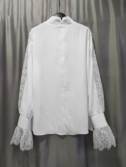 Stunning Lace Trim Blouse - Women's Elegant Long Bell Sleeve Tops for Spring & Fall - Chic Stand Collar Clothing with Delicate Details