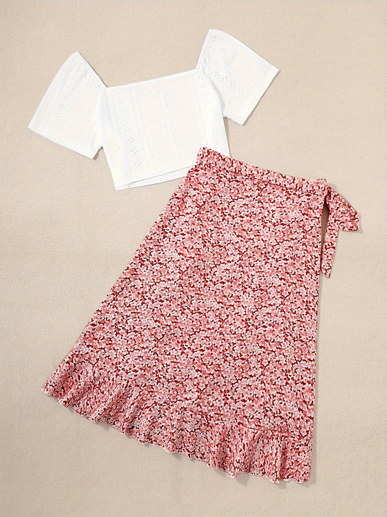 Vacation Ready - Chic Square Neck Crop Top & Adjustable Print Wrap Skirt Set - Flirty Short Sleeves, Womens Two-Piece Outfit