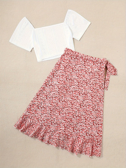 Vacation Ready - Chic Square Neck Crop Top & Adjustable Print Wrap Skirt Set - Flirty Short Sleeves, Womens Two-Piece Outfit