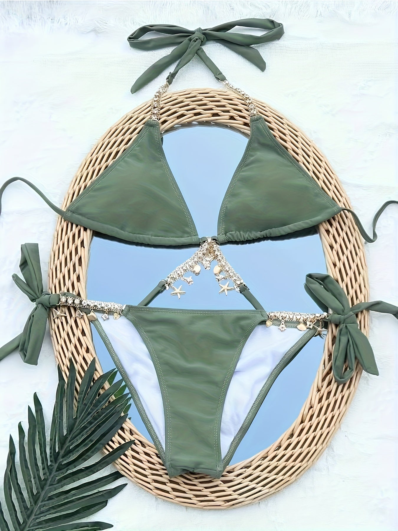 1pc Elegant Rhinestone Accented Bikini Set for Women - High-Waisted Knit Fabric Swimsuit with Deep V Neck, Side Lace-Up Bottom, and Adjustable Straps - Solid Color Nylon and Spandex Blend, Polyester Lined, for Swimming