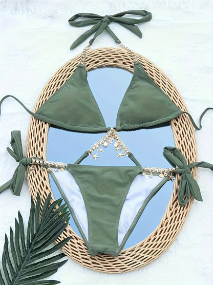 1pc Elegant Rhinestone Accented Bikini Set for Women - High-Waisted Knit Fabric Swimsuit with Deep V Neck, Side Lace-Up Bottom, and Adjustable Straps - Solid Color Nylon and Spandex Blend, Polyester Lined, for Swimming