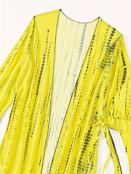 Trendy Tie Dye Striped Bikini Three Pieces Set, Solid Bra & Panty & Cover Up for Beach Wear, Women's Swimwear