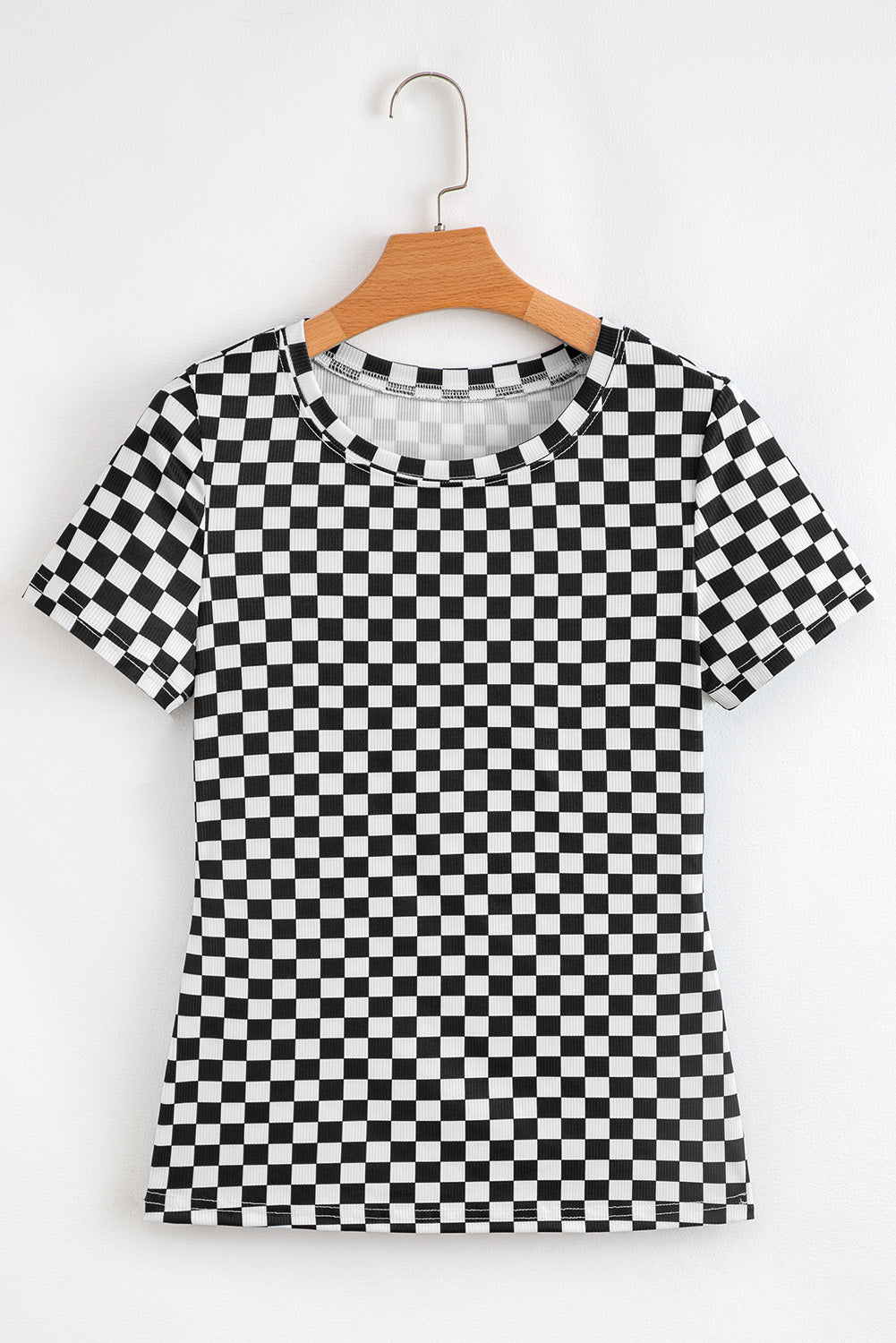 Black Checkered Ribbed Slim Fit Crew Neck T Shirt