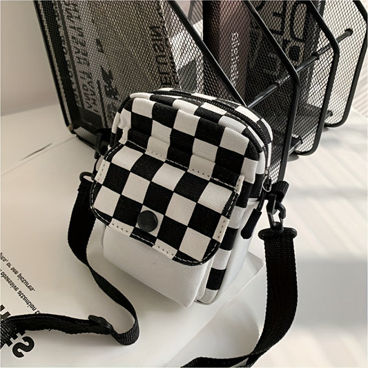 Checkered Canvas Crossbody Bag, Pocket Front Square Purse, Mini Shoulder Bag For Phone Key
