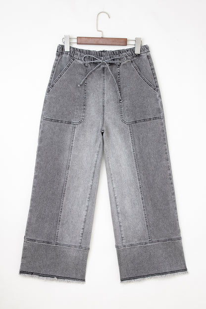 Gray Drawstring Seam Detail Raw Hem Wide Leg Denim Pants