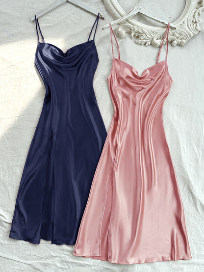 2 Pcs Women's Elegant Solid Satin Sleepwear Dress, Turtleneck Side Split Backless Midi Slip Dress, Comfortable Nightgown