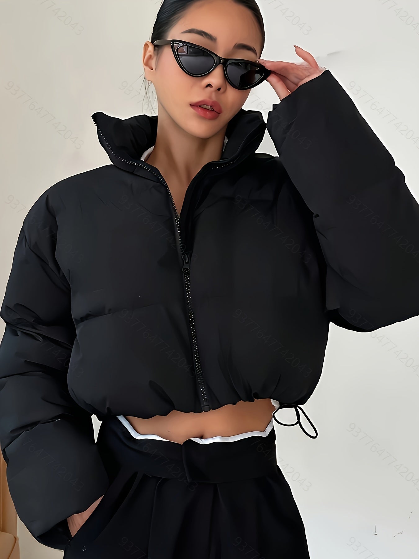 [Warm Puffer Jacket] Warm Women's Puffer Jacket | Cropped, Long Sleeve, Solid Color Black, Nylon Outerwear with Drawstring & Zipper, Machine Washable, Glossy Finish, Fashion Commute Style, Winter Jacket