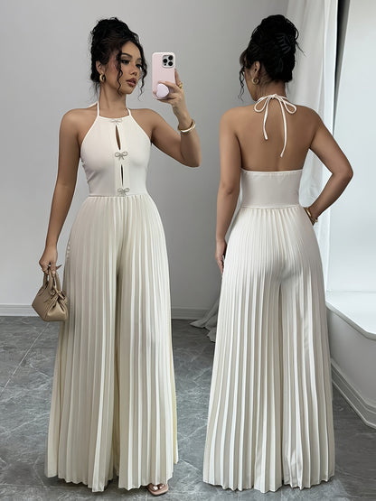 Women's Elegant Beige Halter Neck Jumpsuit - Striped Pleated Wide-Leg Romper, Machine Washable All-Season Versatile Outfit for Casual & Formal Events, Formal Attire | Chic Design | Smooth Texture