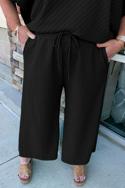 Black Textured Batwing Sleeve Tee Wide Leg Pants Plus Size Set