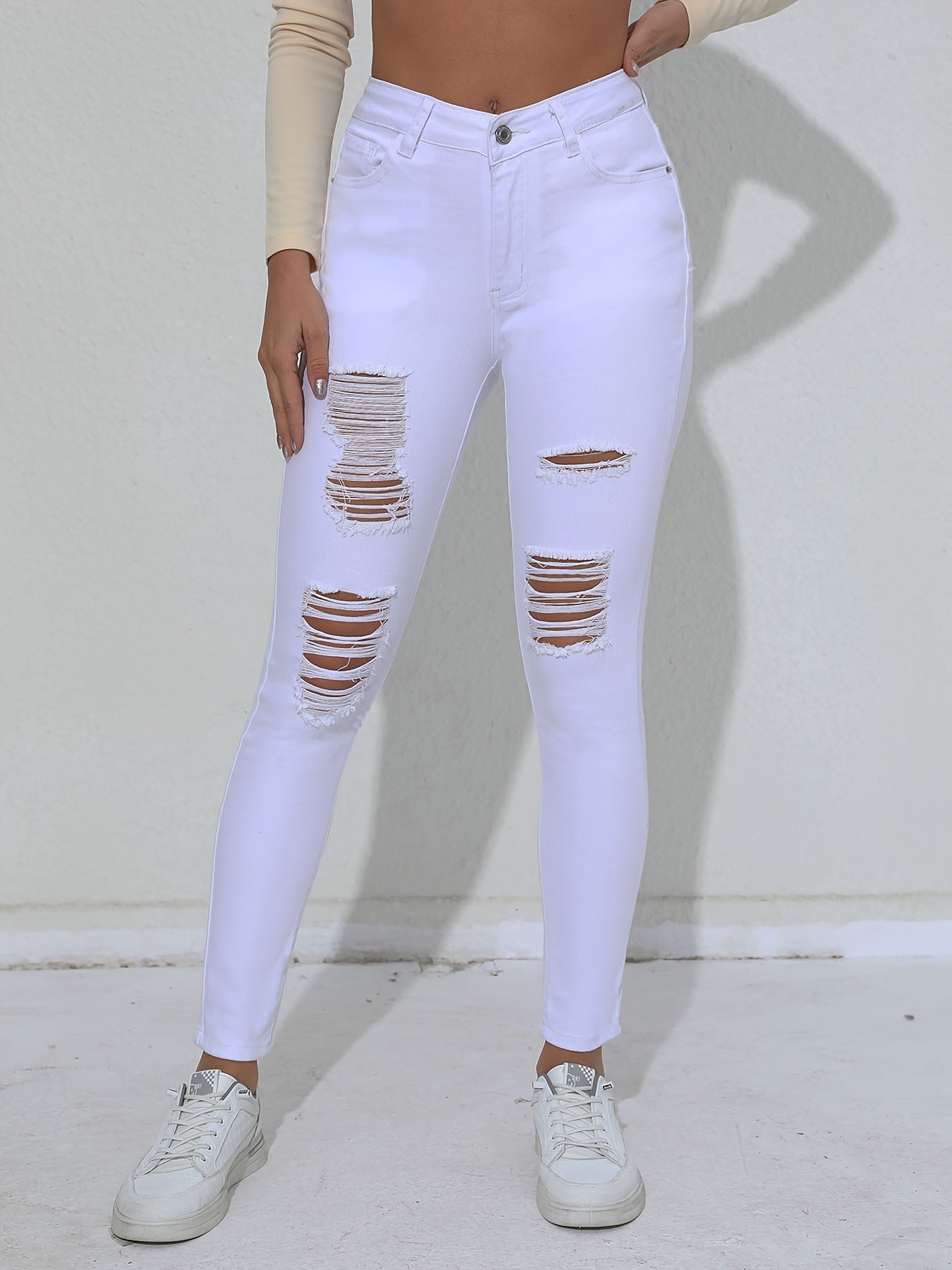 Ripped Skinny Fit Plain White Color Versatile Jeans Denim Pants, Women's Denim Jeans & Clothing