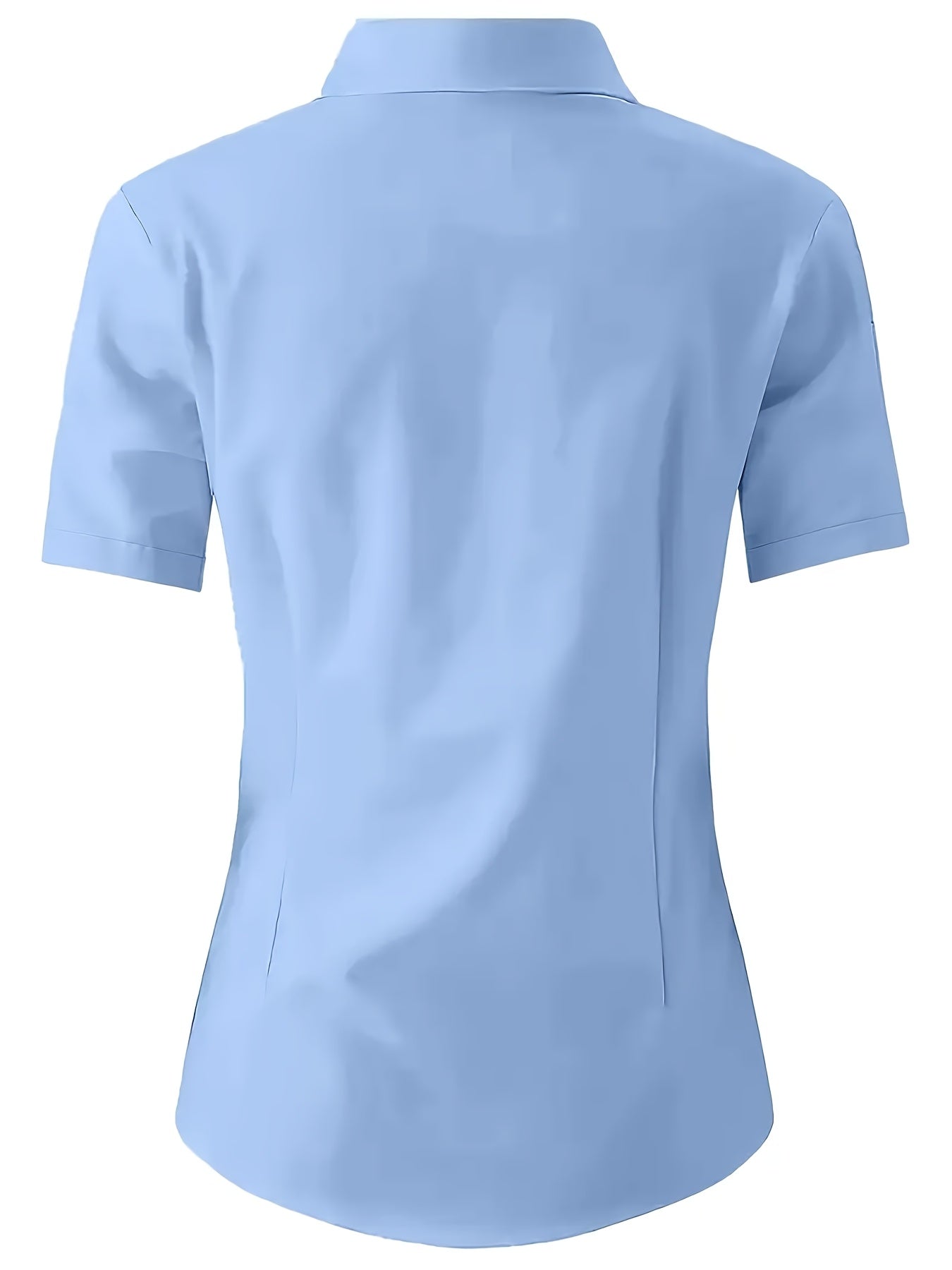 Women'S Elegant Solid Color Short Sleeve Blouse - Light Blue, Fitted Collared Shirt with Button Details, Perfect for Office or Casual Wear, Ladies Blouses