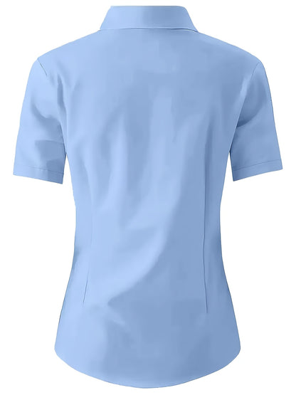 Women'S Elegant Solid Color Short Sleeve Blouse - Light Blue, Fitted Collared Shirt with Button Details, Perfect for Office or Casual Wear, Ladies Blouses