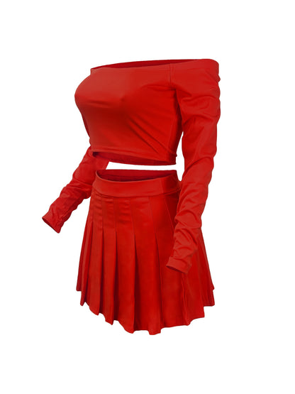 Solid Elegant Two-piece Set, Off Shoulder Long Sleeve Crop Top & Pleated Mini Skirt Outfits, Women's Clothing