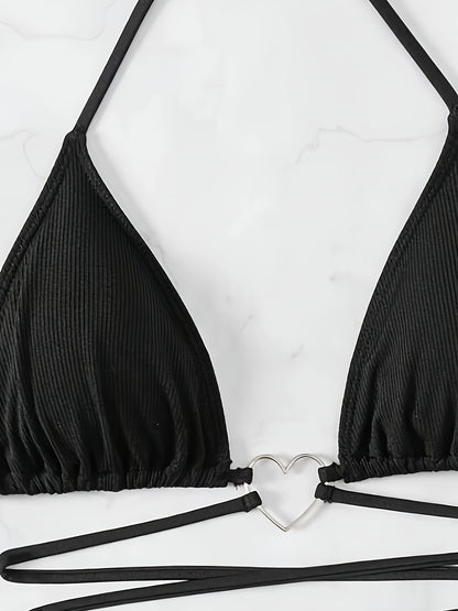Solid Color Sexy 2 Piece Set Bikini, Halter Neck Backless Heart-Linked High Cut Swimsuits, Women's Swimwear & Clothing