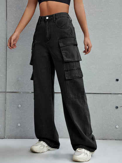 Plain Flap Pockets Cargo Pants, Loose Fit Non-Stretch Y2K & Kpop Style Straight Jeans, Women's Denim Jeans & Clothing