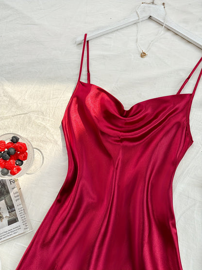 2 Pcs Women's Elegant Solid Satin Sleepwear Dress, Turtleneck Side Split Backless Midi Slip Dress, Comfortable Nightgown