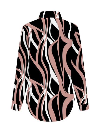 [Elegant Shirt] Elegant Geometric Print Long Sleeve Shirt - Loop Circle Women's | Black & White Abstract Pattern, Button-Up Collar Blouse, Machine Washable Non-See-Through Fabric for All-Season Wear, Sophisticated Casual