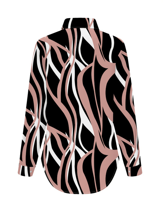 [Elegant Shirt] Elegant Geometric Print Long Sleeve Shirt - Loop Circle Women's | Black & White Abstract Pattern, Button-Up Collar Blouse, Machine Washable Non-See-Through Fabric for All-Season Wear, Sophisticated Casual