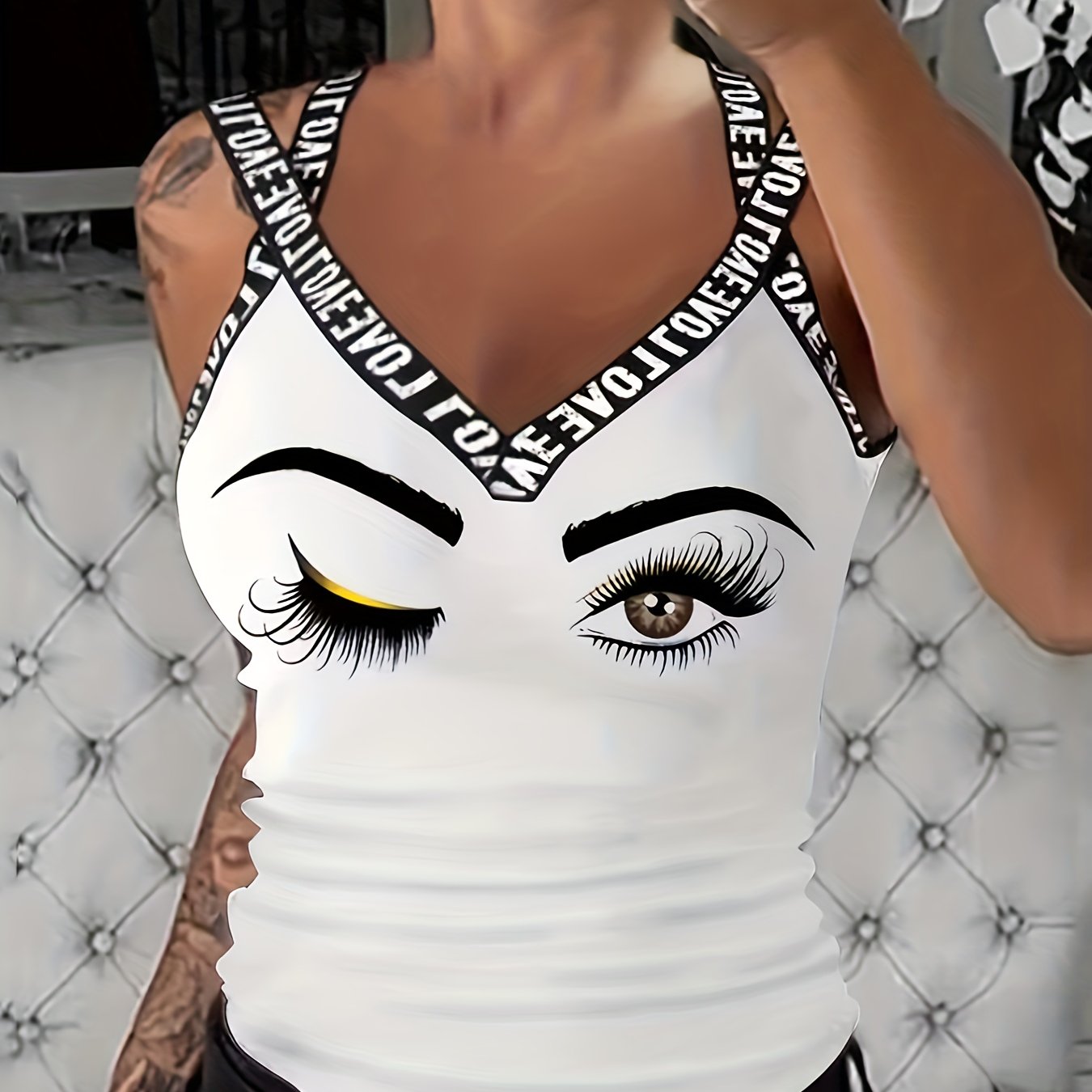 Letter Tape Skull Print Top, Sleeveless Casual Tank Top, Women's Clothing