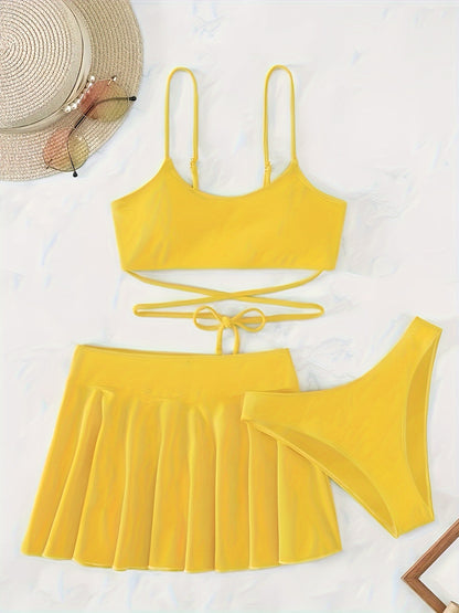 Elegant Solid-Color 3-Piece Swimwear: Cross-Strap Bikini & Pleated Skirt Cover-Up - Comfortable, Stretchy, and Durable
