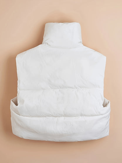 Women'S Elegant High-Neck Padded Vest with Drawstring Detail - Solid Color, Thick Warm Winter Sleeveless Jacket Vest, Casual Streetwear Style, 200g/m² Fabric Weight, Autumn/Winter Essential