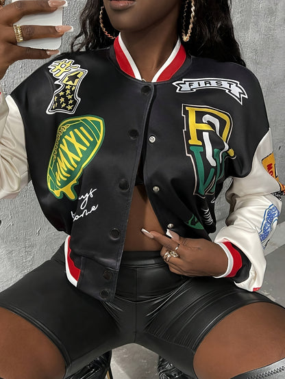 Letter & Graphic Print Snap Button Bomber Jacket, Casual Long Sleeve Baseball Jacket For Spring & Fall, Women's Clothing