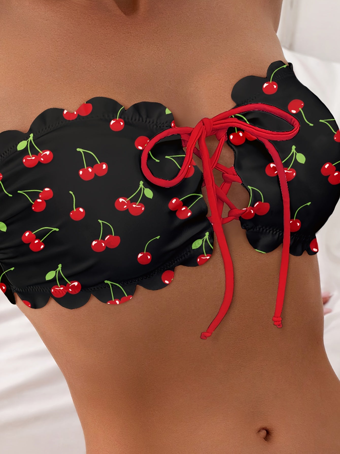 2 Piece Cherry Print Lace Up Scallop Trim Bandeau Strapless Bikini Set - High Stretch Polyester Swimsuit with Cross Strape, Random Fruit Print, and Hand Washable - Customized Knit Fabric Womens Swimwear