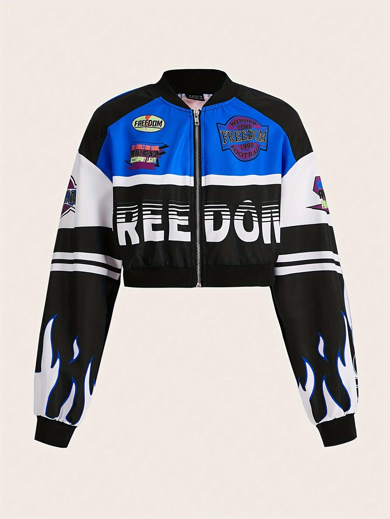 Trendy Letter Print Zipper Drop Shoulder Crop Jacket - Comfortable Long Sleeve Casual Wear for Spring & Fall - Womens Fashion Essential