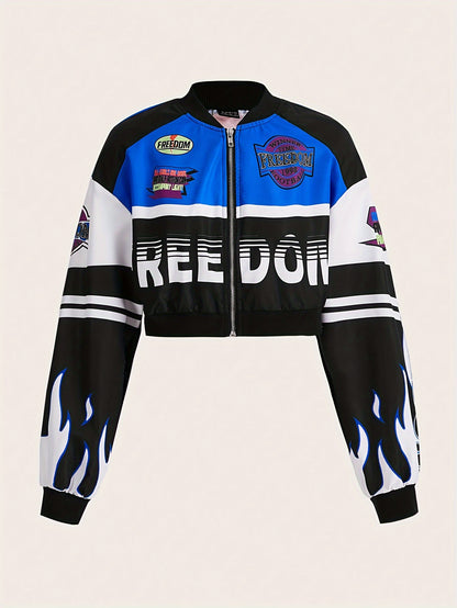 Trendy Letter Print Zipper Drop Shoulder Crop Jacket - Comfortable Long Sleeve Casual Wear for Spring & Fall - Womens Fashion Essential