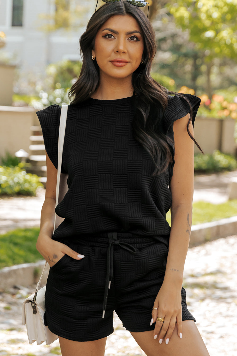 Black Textured Ruffled Sleeve Tee and Drawstring Elastic Waistband Shorts Set