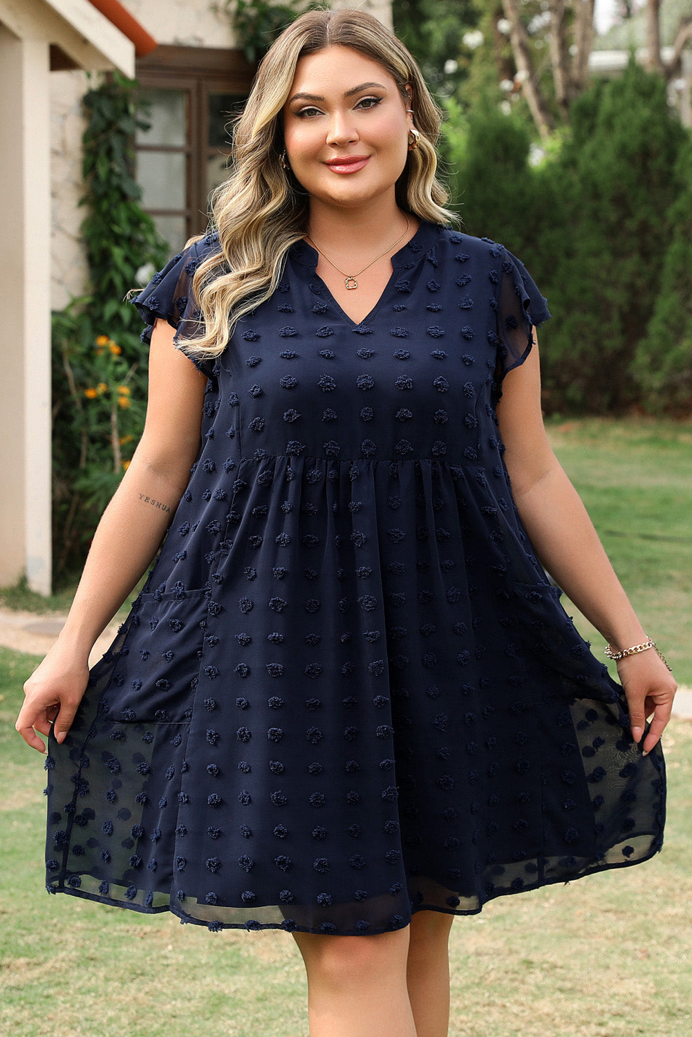 Navy Blue Dotty Textured Notched Neck Plus Ruffled Dress