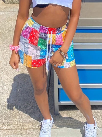 Vibrant All-Over Print Boho Paisley Shorts - Non-Stretch, Regular Fit, Polyester Knit Fabric, Sexy Summer Shorts for Women - Casual, Comfy, and Chic Drawstring Shorts for Spring and Summer Season