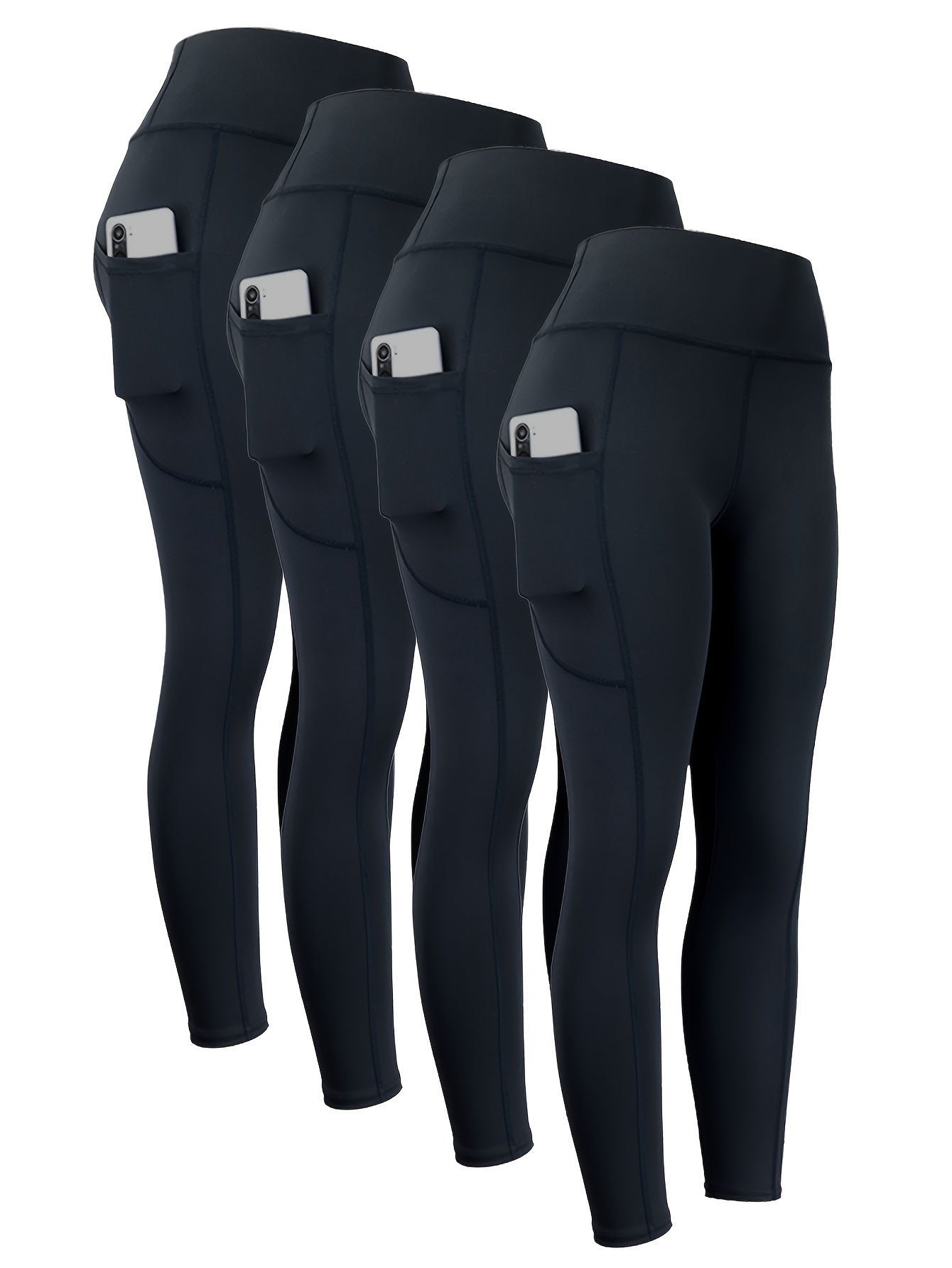 4pcs High Waist Yoga Leggings With Pocket For Women, Solid Color, Tight Fit, Women's Activewear