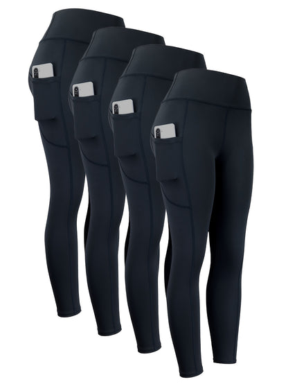 4pcs High Waist Yoga Leggings With Pocket For Women, Solid Color, Tight Fit, Women's Activewear