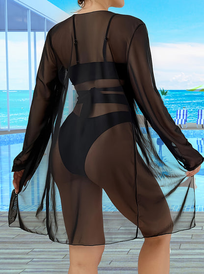 3-Piece Womens Sheer Black Long Sleeve Bikini Cover Up Set - High Stretch, Cross Strap, Cut-Out High Waist, Machine Washable, Knit Fabric, Solid Color, No Printing - Perfect Summer Fashion for Beachwear, Poolside Apparel