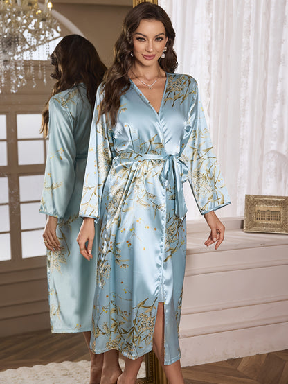 Women's Fashion Sleepwear, Long Sleeve Satin Robe with Cherry Print, V-Neck, Breathable Summer Bath Robe, Home Loungewear, Polyester, Adult Size, Woven Fabric