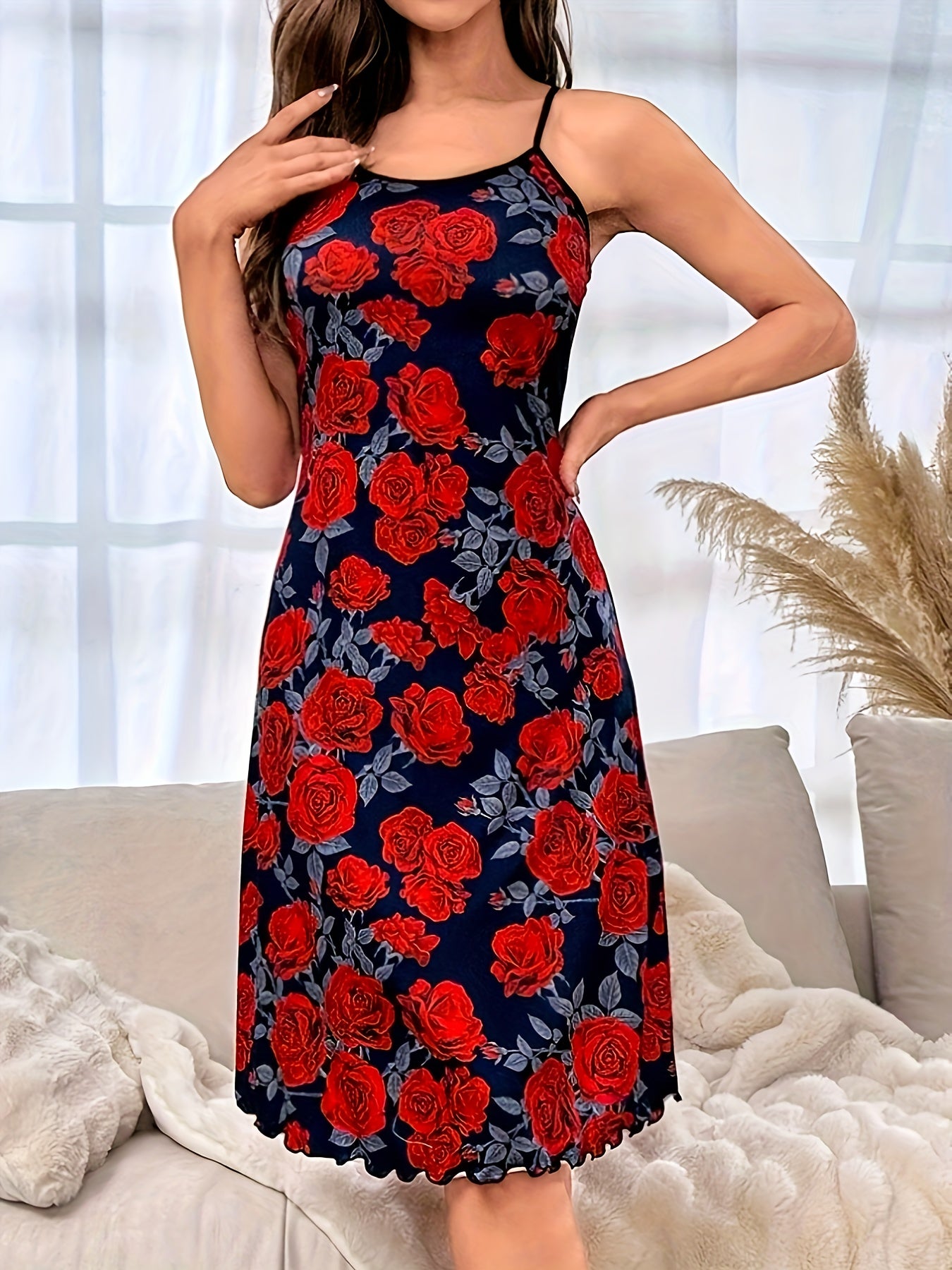 Plus Size Women's Elegant Rose Print Frill Trim Sleepwear Dress - Soft, Comfortable, Round Neck, Backless Design, Relaxed Fit Nightgown for a Restful Sleep - Perfect for Lounging, Slumber Parties, or as a Gift