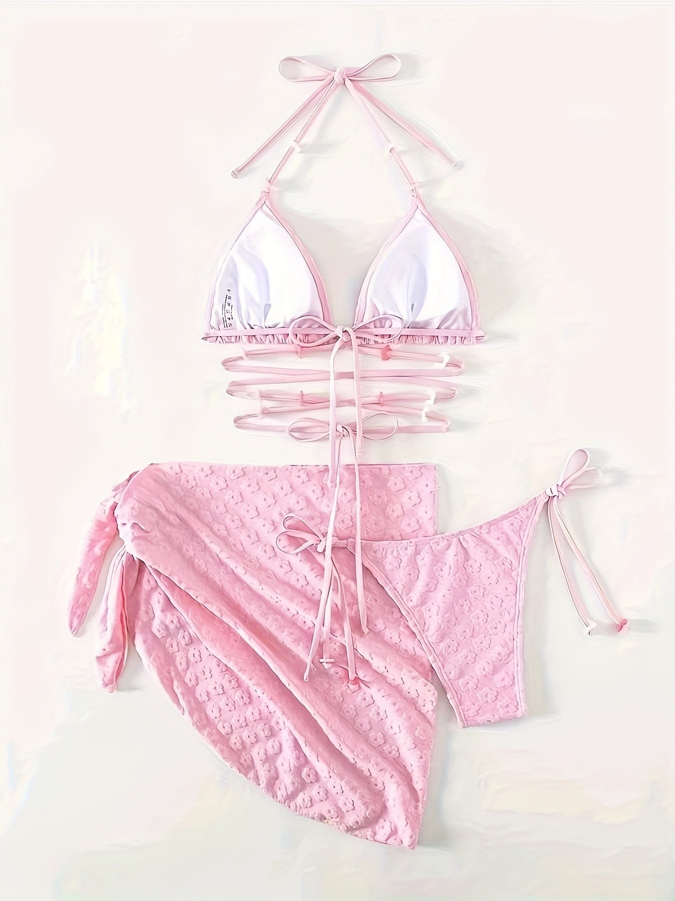 3-Piece Womens Chic Plain Textured Bikini Set - Flattering Halter Top, Adjustable Tie-Side Bottoms, Stylish Wrap Skirt for Beach & Pool Fashion