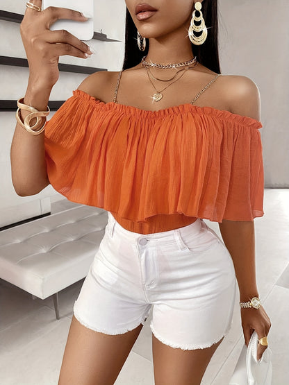 Vibrant Cold Shoulder Ruffle Trim Blouse - Charming Chain Strap, Solid Color, Casual, Spring & Summer Essential, Women's Clothing, Perfect for Outdoor Activities